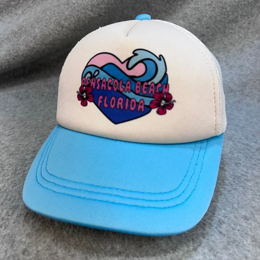 Pensacola Beach Florida Kids Blue DK Caps Trucker Hat Heart Wave Snapback OSFM